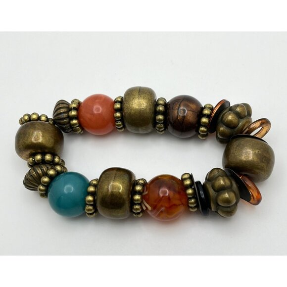 Chunky Beaded Bracelet Faux Stone Earth Tones Stretch Retro Boho Hippy - Picture 3 of 8